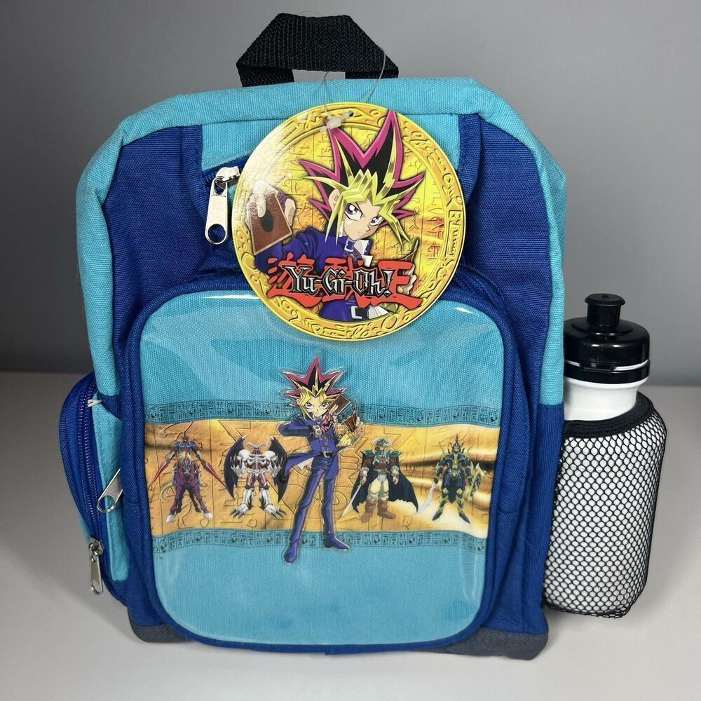 Rare New Old Stock Vintage 1996 Yu-Gi-Oh Canvas Backpack with water bottle Blue